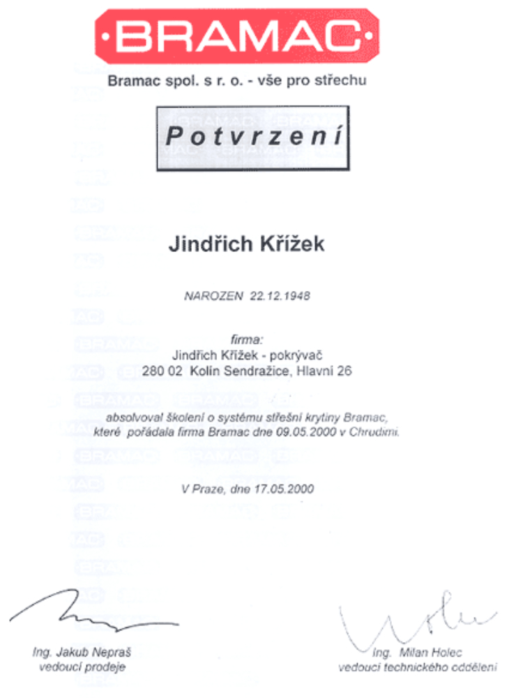 Certifikáty - Střechy Křížek