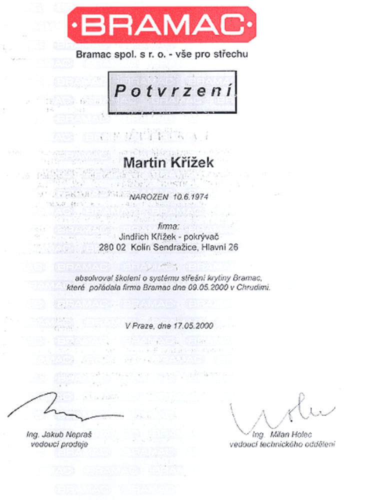 Certifikáty - Střechy Křížek