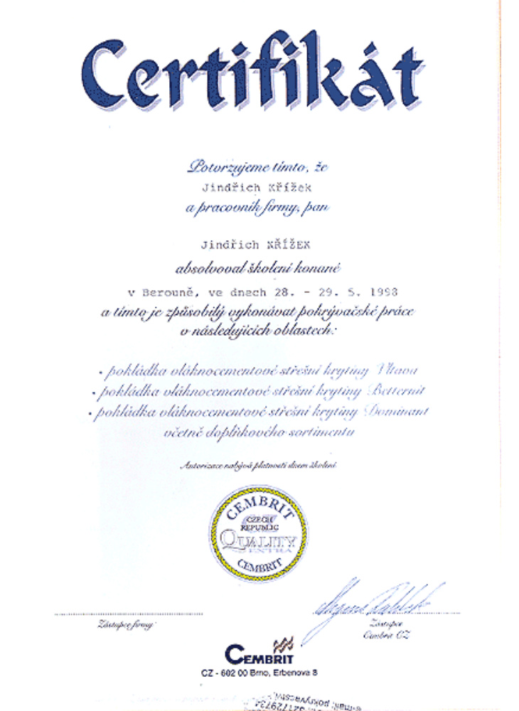 Certifikáty - Střechy Křížek