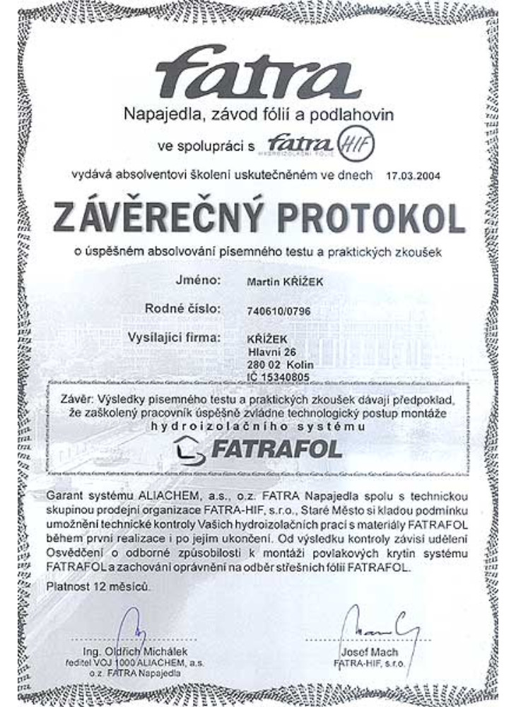 Certifikáty - Střechy Křížek