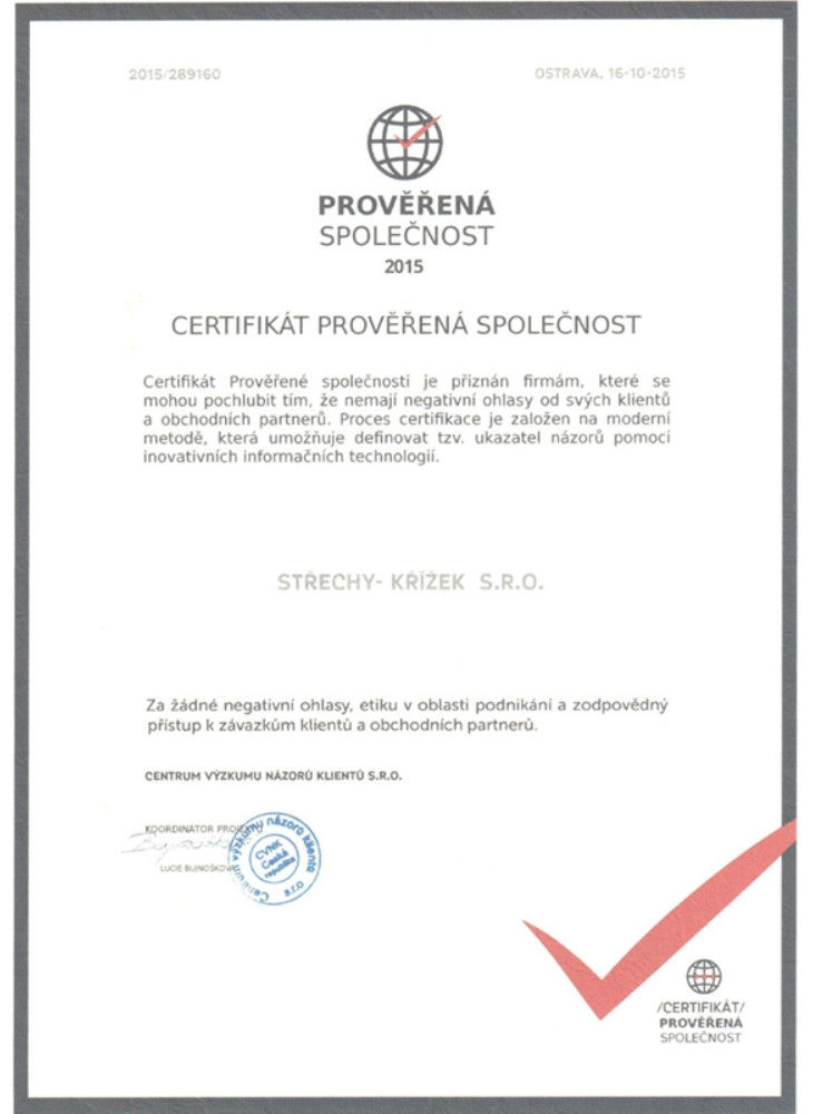 Certifikáty - Střechy Křížek