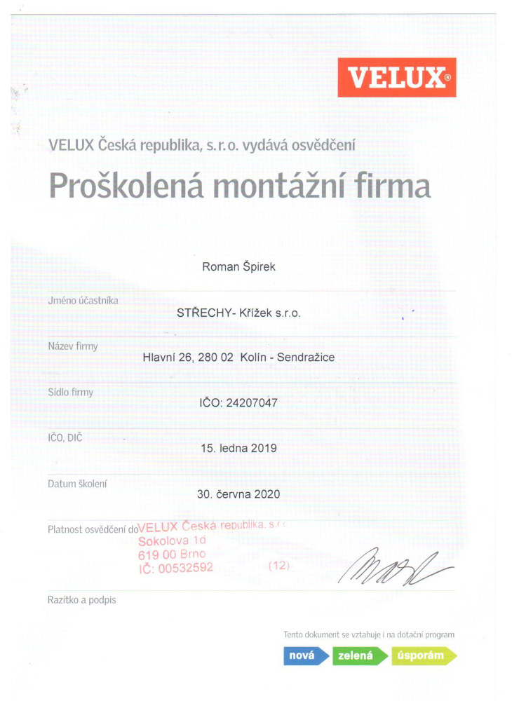 Certifikáty - Střechy Křížek