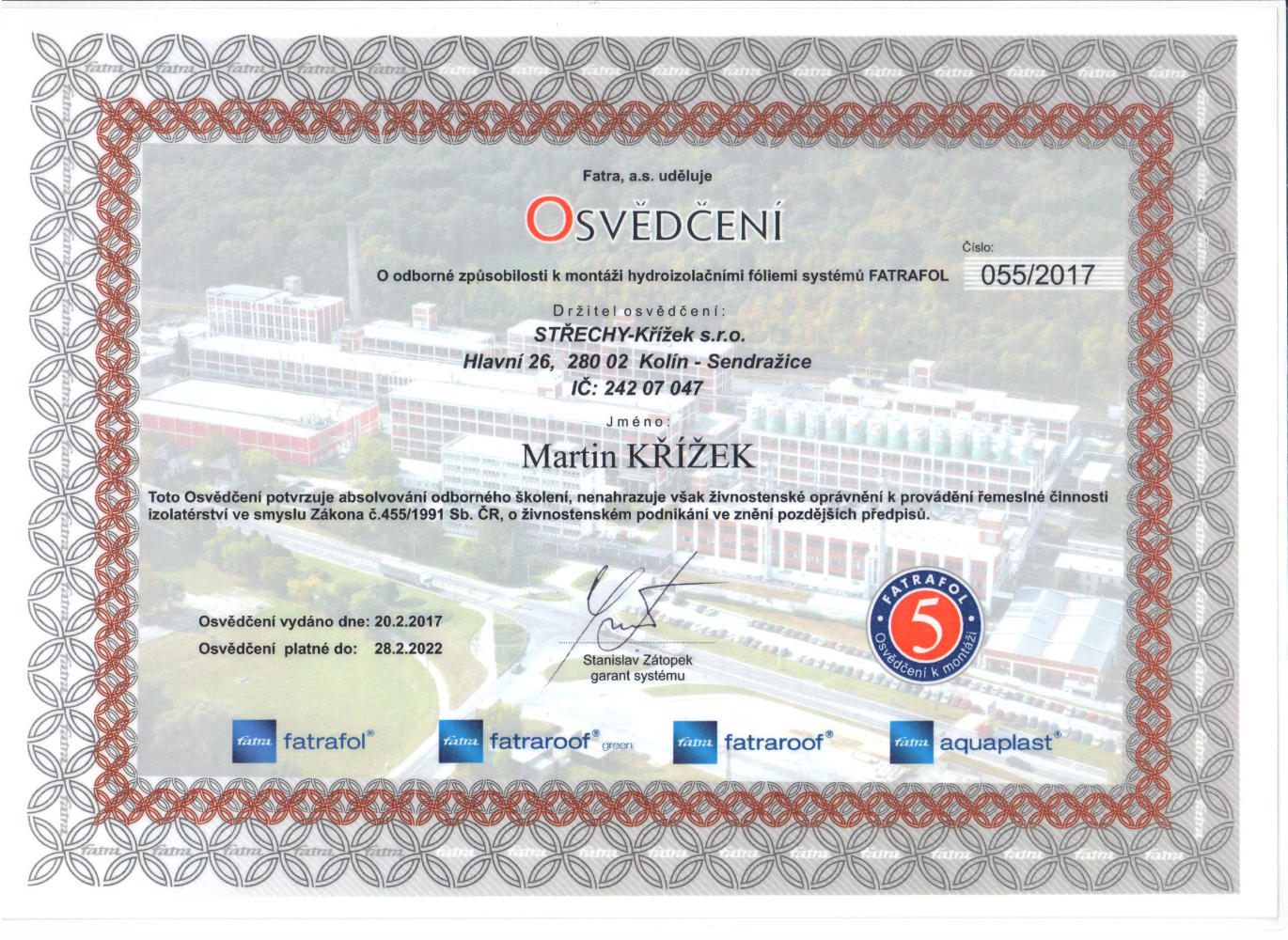 Certifikáty - Střechy Křížek