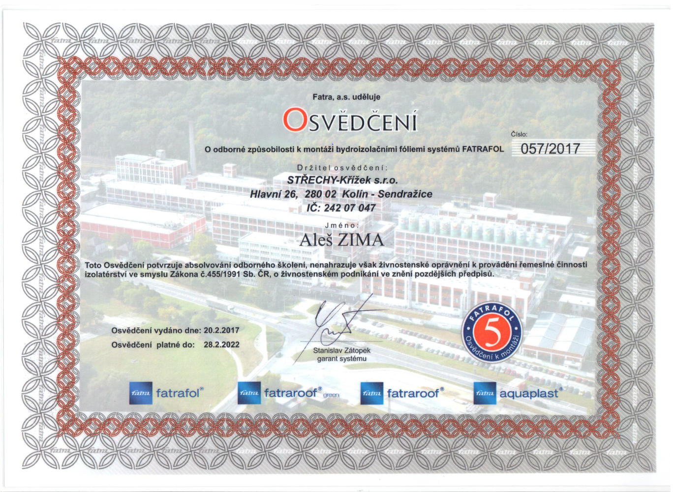 Certifikáty - Střechy Křížek