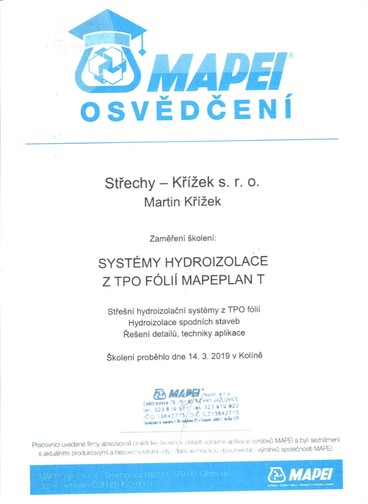 Certifikáty - Střechy Křížek