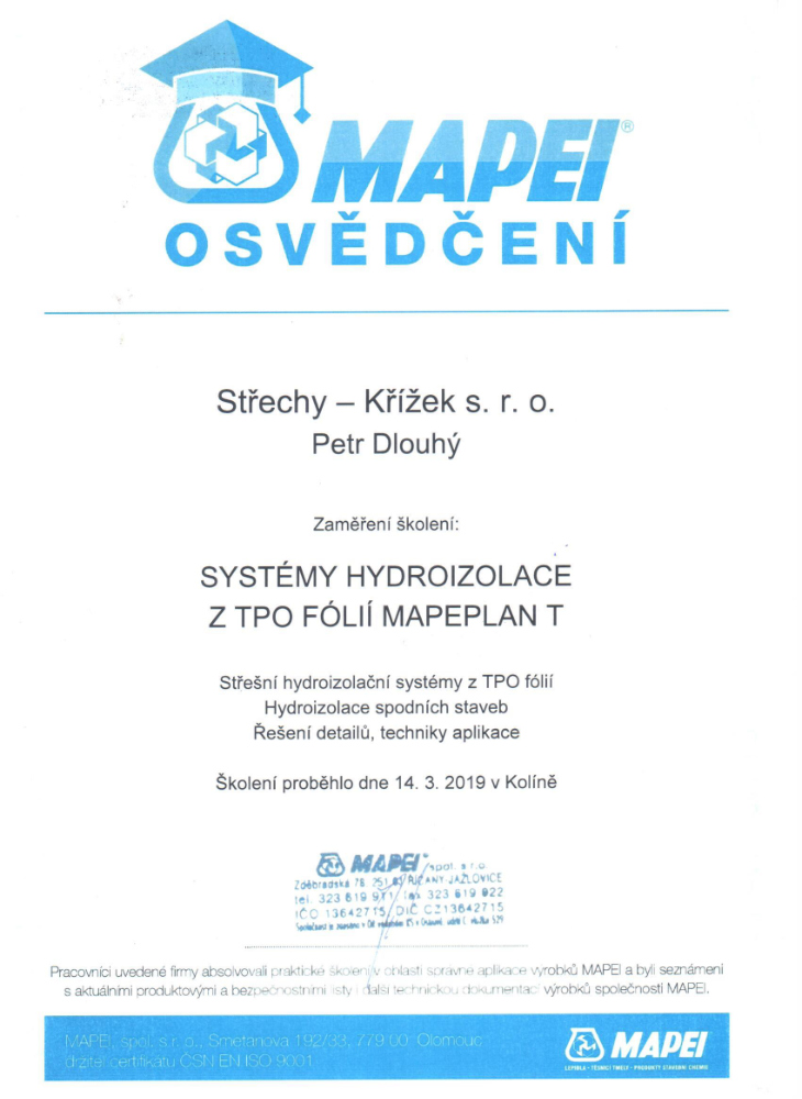 Certifikáty - Střechy Křížek