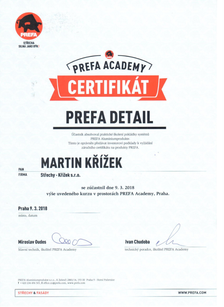 Certifikáty - Střechy Křížek